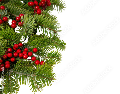 Christmas tree border and red berries decoration isolated on white transparent, Xmas festive garland
