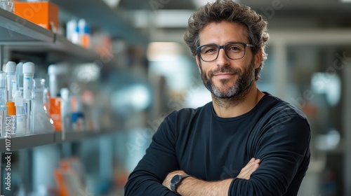 Scientist with glasses and watch stands confidently in a laboratory aisle, surrounded by various scientific equipment, emphasizing research and innovation.