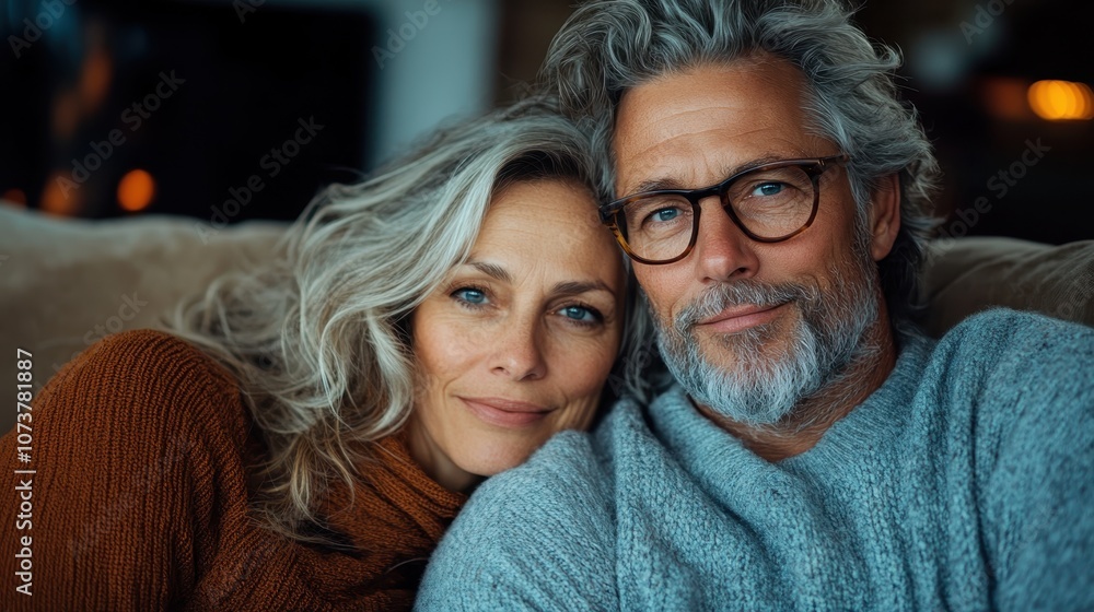 A couple sits comfortably on a couch wearing cozy sweaters, exuding warmth and tenderness in their expressions, with soft ambient lighting casting a warm glow around. A couple sits comfortably on a couch wearing cozy sweaters, exuding warmth and tenderness in their expressions, with soft ambient lighting casting a warm glow around.