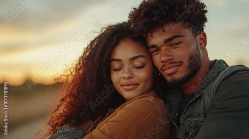 A loving couple embraces warmly during sunset, their serene expressions reflecting love and tranquility, set against a picturesque, softly glowing landscape.