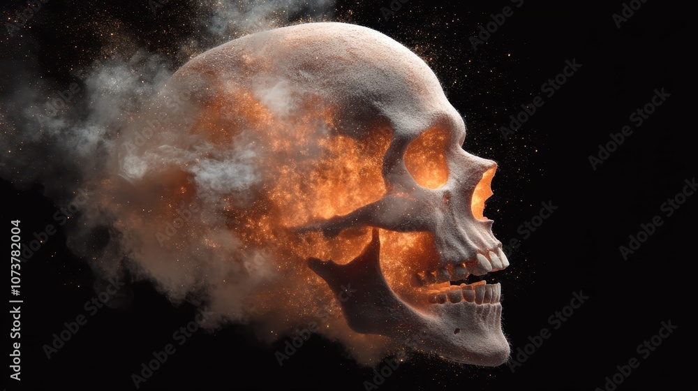 A skeletal skull appears engulfed in fire and smoke, seemingly shattering into particles, creating a dramatic vision of destruction and transformation in a dark void. A skeletal skull appears engulfed in fire and smoke, seemingly shattering into particles, creating a dramatic vision of destruction and transformation in a dark void.