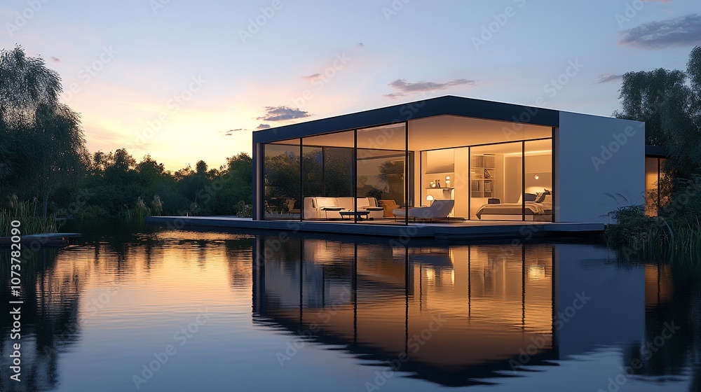 Modern house with large windows overlooking a pond at sunset. Modern house with large windows overlooking a pond at sunset.