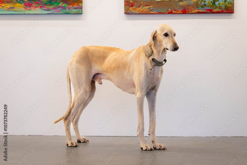 Portrait of a elegant sandy Sloughi Arabian Hound, room interior background. Arabian greyhound (sloughi). Portrait of a elegant sandy Sloughi Arabian Hound, room interior background. Arabian greyhound (sloughi).