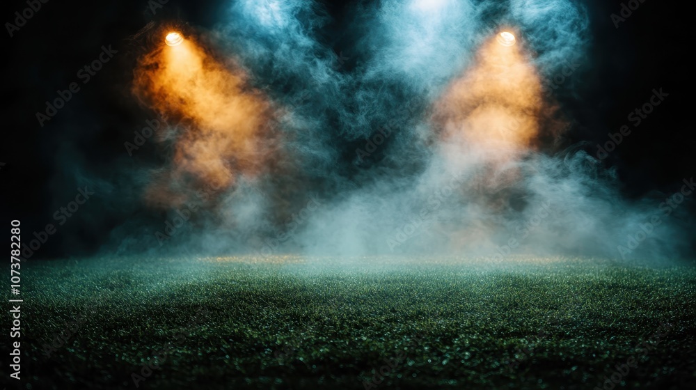 Fototapeta premium This atmospheric image features a misty fog illuminated by two spotlight beams, creating a moody and mysterious ambience over a grassy surface.