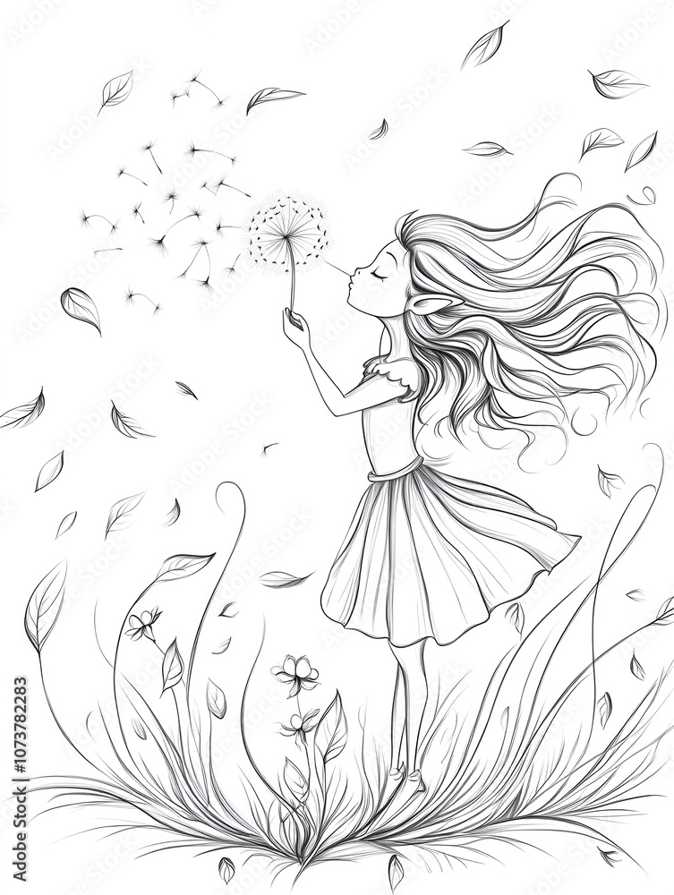 A whimsical elf girl blowing a dandelion surrounded by leaves, grass, and a playful wind in a magical sketch A whimsical elf girl blowing a dandelion surrounded by leaves, grass, and a playful wind in a magical sketch