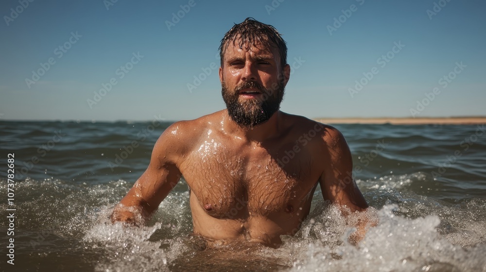 A bearded man stands firmly in the ocean waves, showcasing resilience and determination against the backdrop of a vast, ever-changing seascape. A bearded man stands firmly in the ocean waves, showcasing resilience and determination against the backdrop of a vast, ever-changing seascape.