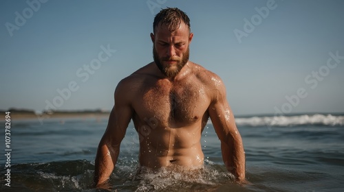 A muscular bearded man emerges from the ocean, water cascading off his body, illustrating strength, masculinity, and a powerful connection with nature. photo