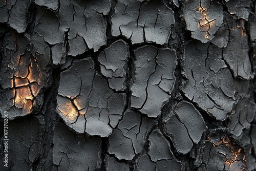 Cracked charred surface with glowing embers in burnt wood texture photo