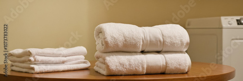 A neat stack of white towels on a table with a blurred washing machine in the background. This image is ideal for themes related to cleanliness, household chores, and laundry care. photo