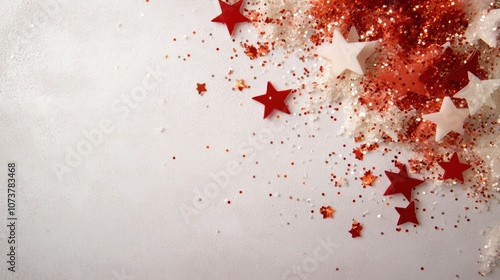 Red and white glitter is scattered across a light surface with interspersed star shapes, creating a celebratory and festive atmosphere full of shimmer and sparkle. photo