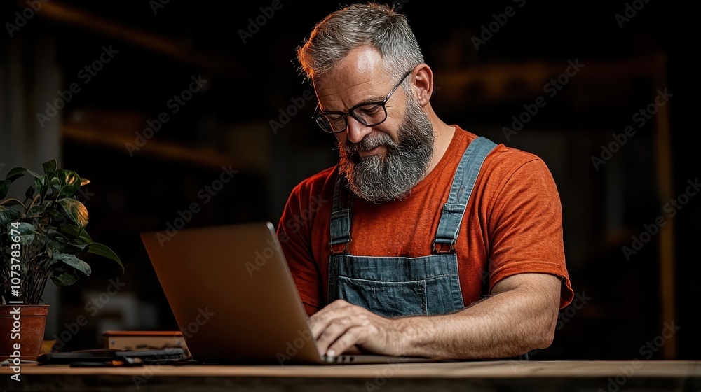 A bearded man in overalls and wearing glasses is working on a laptop at a wooden desk indoors, with a small plant beside him, reflecting focus and modernity. A bearded man in overalls and wearing glasses is working on a laptop at a wooden desk indoors, with a small plant beside him, reflecting focus and modernity.