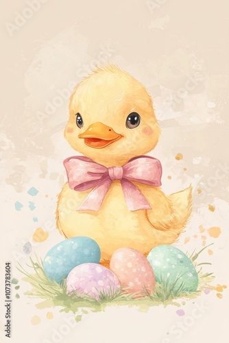 Cute Easter duck with a bow and colored eggs, in a pastel color illustration styl