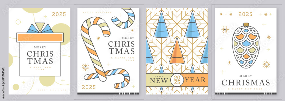 Fototapeta premium Set of modern line art Merry Christmas and Happy New Year greeting cards, covers or posters with holiday decoration. Christmas background. Vector illustration