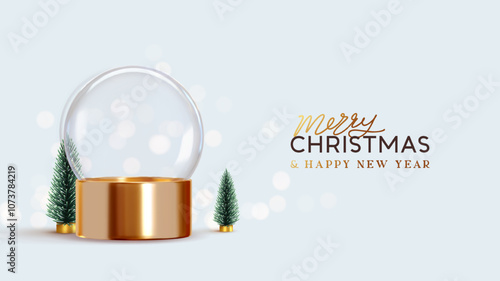 Festive glass snow globe with golden base and miniature fir trees on light blue background. Merry Christmas and Happy New Year greeting text. Realistic 3d design. vector illustration