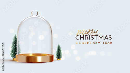 Elegant empty glass dome with golden base, surrounded by miniature fir trees. Festive Merry Christmas and Happy New Year greeting on light blue background. Realistic 3d design. vector illustration