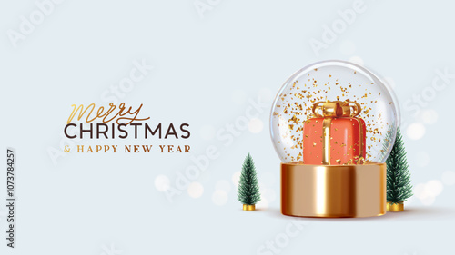 Golden snow globe with a red gift box and golden sparkling confetti. Miniature fir trees, Merry Christmas and Happy New Year text on light blue. Realistic 3d design. vector illustration