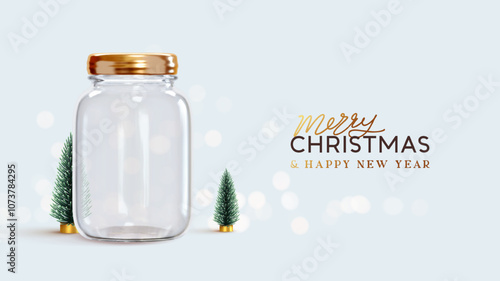 Elegant empty glass jar with golden lid, surrounded by miniature fir trees. Merry Christmas and Happy New Year greeting on light blue background. Realistic 3d design. vector illustration