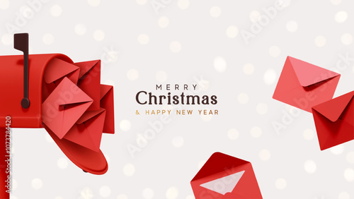 Merry Christmas and New Year festive design with red postal paper letters flying out from open mailbox. New Year's letters to Santa Claus. Light background sparkles bokeh and snow. Vector illustration