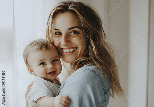 A young mother smiles lovingly at her baby.