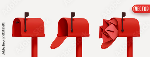 Set of three red mailboxes realistic 3d design, open box, closed and with mail paper envelope isolated on white background. vector illustration