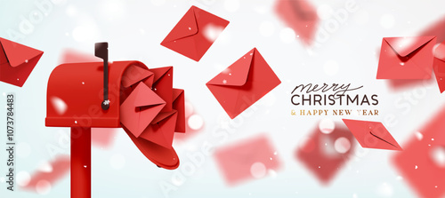 Merry Christmas and New Year festive design with red postal paper letters flying out from open mailbox. New Year's letters to Santa Claus. Light background sparkles bokeh and snow. Vector illustration