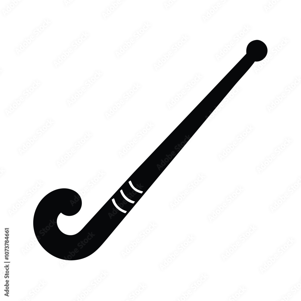 Solid black silhouette of a hockey stick, Vector illustration of a hockey stick in a solid black silhouette style with a curved end and grip details. Ideal for sports icons, logos, and minimalist desi Solid black silhouette of a hockey stick, Vector illustration of a hockey stick in a solid black silhouette style with a curved end and grip details. Ideal for sports icons, logos, and minimalist desi