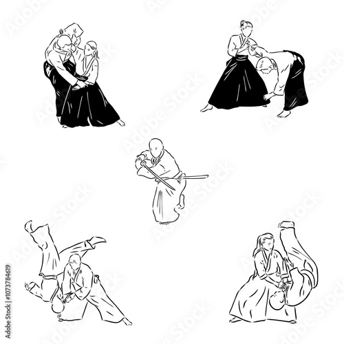 Aikido combat between athletes, stylized vector illustration