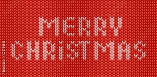 Merry Christmas embroidery text in the background made of wool knitted fabric. Christmas wool fabric, Xmas knitted realistic texture. Vector illustration