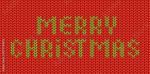 Merry Christmas embroidery text in the background made of wool knitted fabric. Christmas wool fabric, Xmas knitted realistic texture. Vector illustration