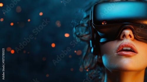 A person engrossed in a digital universe wearing a virtual reality headset, exploring futuristic technology and sensory experiences in a transformative environment. photo