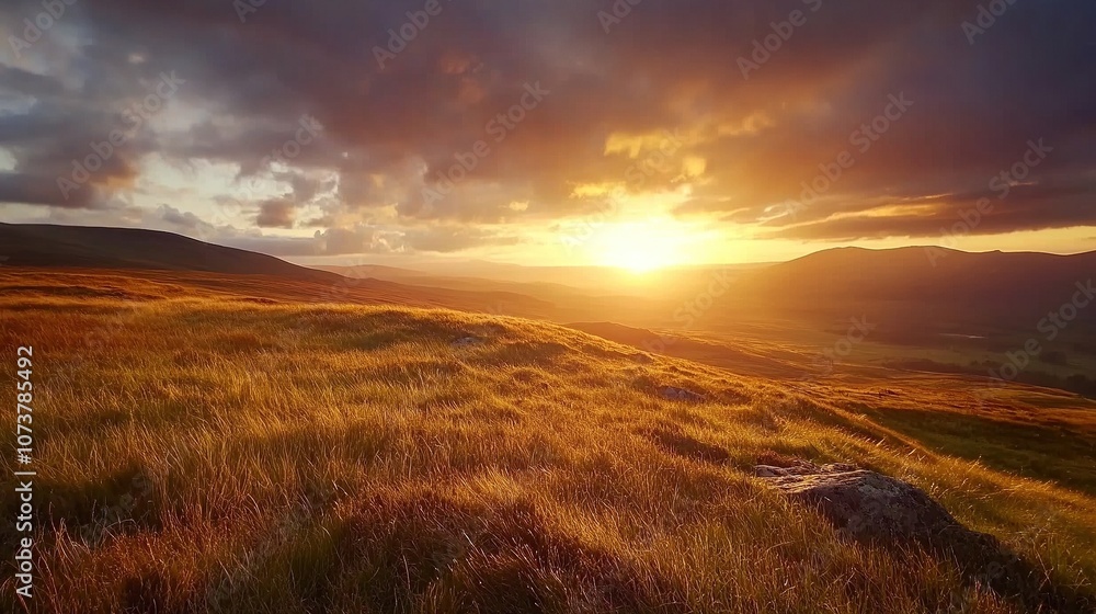Obraz premium Vibrant Sunset Over Serene Mountain Landscape.