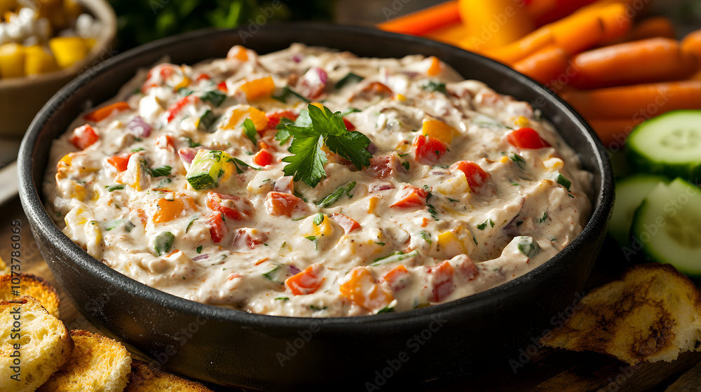 Delightful Bowl of Creamy Fermented Cashew Cheese Dip with Colorful Veggie Sticks and Artisan Bread Delightful Bowl of Creamy Fermented Cashew Cheese Dip with Colorful Veggie Sticks and Artisan Bread