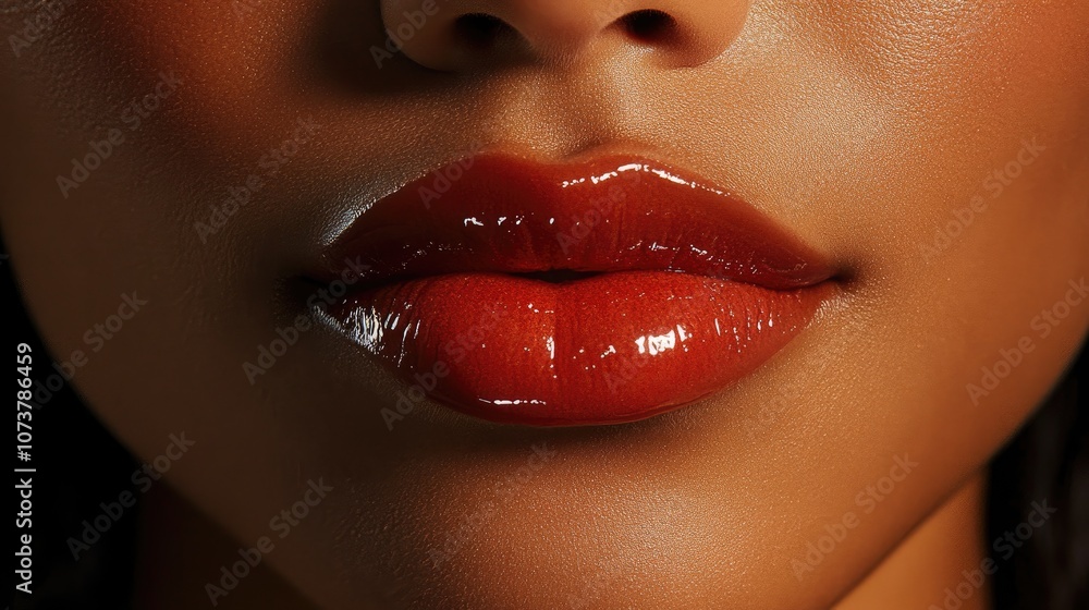 Close-up of stunning woman with dark skin, glossy lips, and smooth complexion, perfect for beauty and skincare promotions. Close-up of stunning woman with dark skin, glossy lips, and smooth complexion, perfect for beauty and skincare promotions.