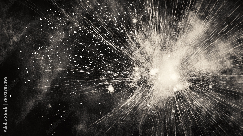 Obraz premium Abstract Grunge Texture with White Splatter and Light Burst on Black Background