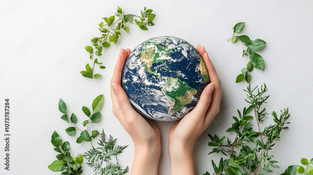 Hands holding a globe surrounded by green plants on a white background. Hands holding a globe surrounded by green plants on a white background.
