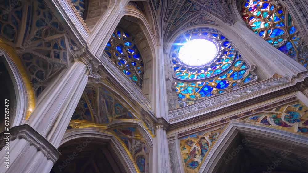 Sunlight streaming through stained glass in gothic cathedral interior Sunlight streaming through stained glass in gothic cathedral interior