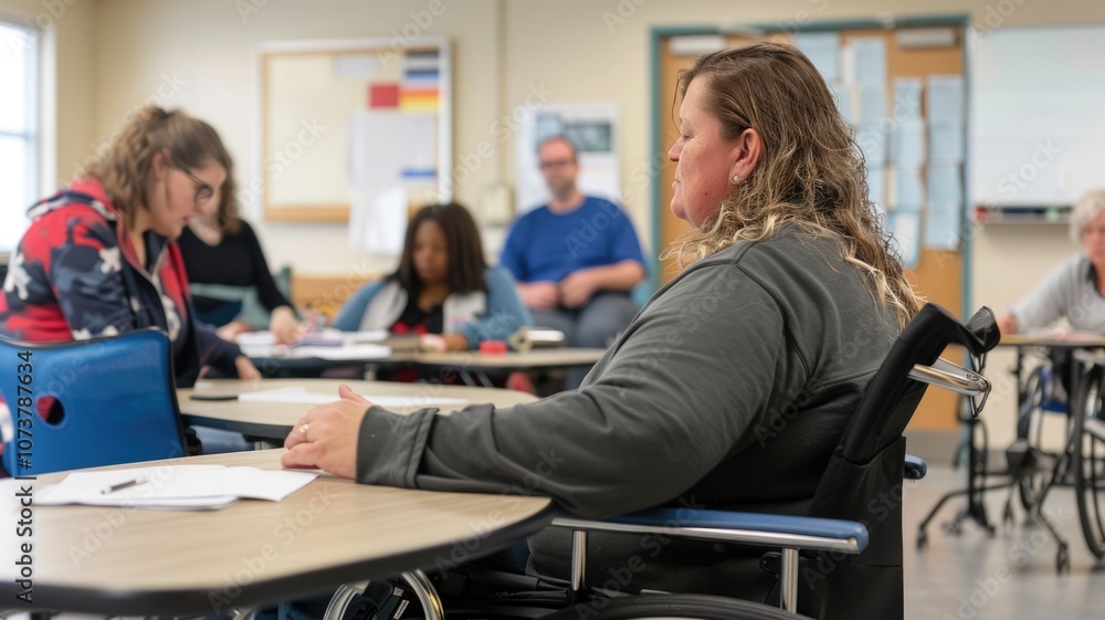 Diverse adult education class with focus on accessibility and inclusion Diverse adult education class with focus on accessibility and inclusion