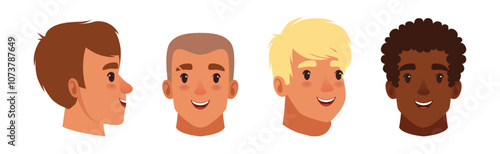 Man Smiling Face Head with Different Hairstyle Vector Set