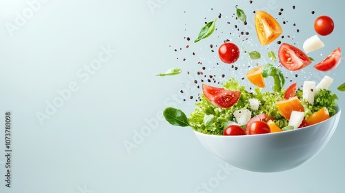 Fresh Salad Ingredients Floating in Air With Splashing Water and Vibrant Colors Showcasing Clean and Healthy Food Choices for Energetic Lifestyle