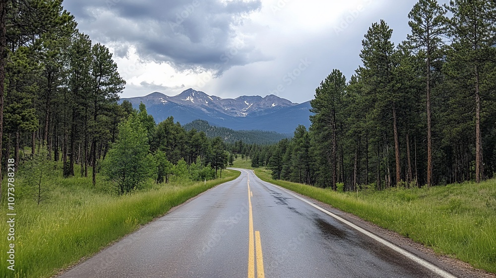 Fototapeta premium A winding road leads through a forest towards the snow-capped peaks of a mountain range.