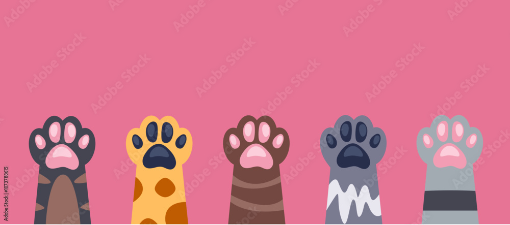 Fototapeta premium Cat paw pet animal cute kitten poster concept. Vector flat graphic design illustration