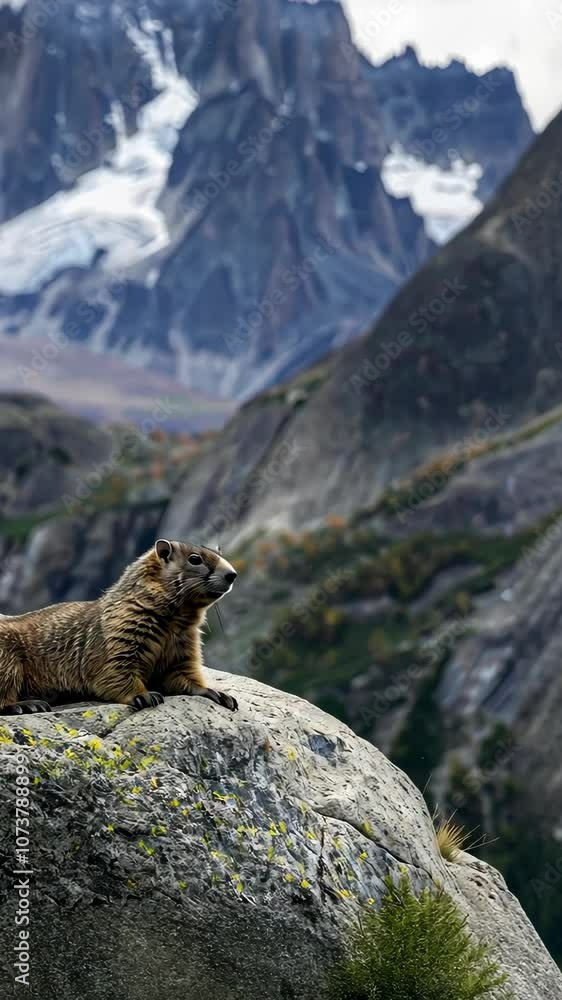 Marmot on rock in front of snow-capped mountains, wildlife photography. Nature observation and alpine landscape concept Marmot on rock in front of snow-capped mountains, wildlife photography. Nature observation and alpine landscape concept
