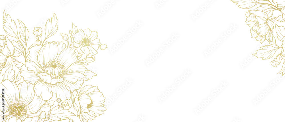 Abstract floral background with golden line art of flowers and leaves. Luxury hand drawn frame, border. Vector illustration for design of card, banner, invitation, advertising and packaging Abstract floral background with golden line art of flowers and leaves. Luxury hand drawn frame, border. Vector illustration for design of card, banner, invitation, advertising and packaging