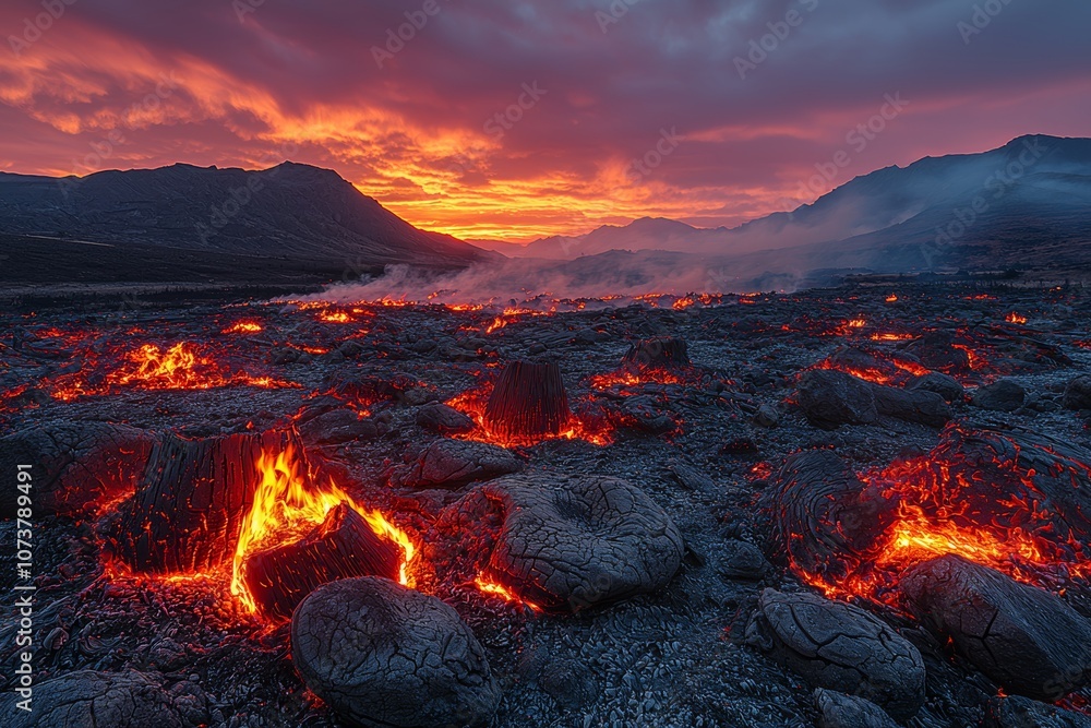 Fiery landscape of lava field under dramatic sunset sky with glowing molten rocks in volcanic terrain Fiery landscape of lava field under dramatic sunset sky with glowing molten rocks in volcanic terrain