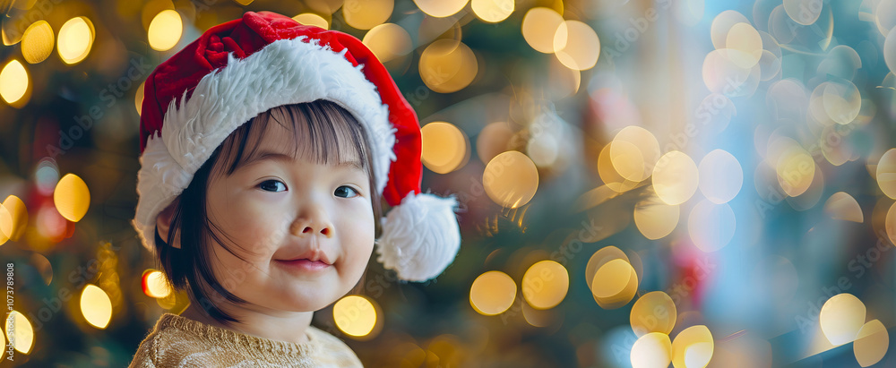 Adorable Asian Girl Wearing Santa Hat Smiling Amidst Festive Lights. Concept of Holiday Joy, Childhood Happiness, Christmas Cheer, and Festive Celebrations. Banner. Copy space Adorable Asian Girl Wearing Santa Hat Smiling Amidst Festive Lights. Concept of Holiday Joy, Childhood Happiness, Christmas Cheer, and Festive Celebrations. Banner. Copy space