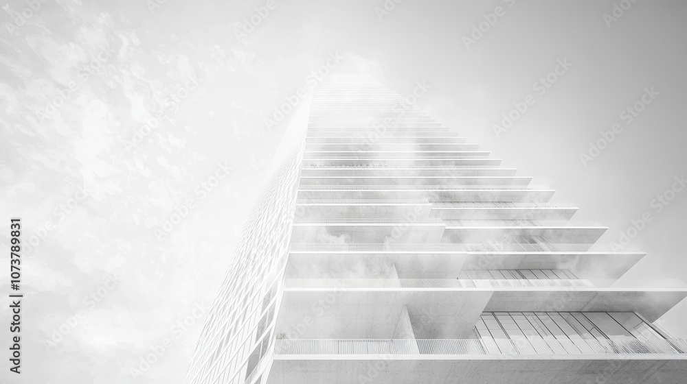 Modern Skyscraper on White Background with Clouds Modern Skyscraper on White Background with Clouds