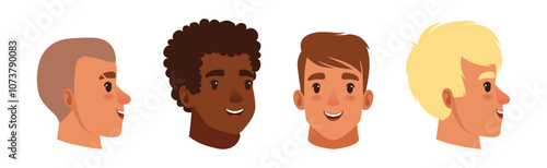 Man Smiling Face Head with Different Hairstyle Vector Set