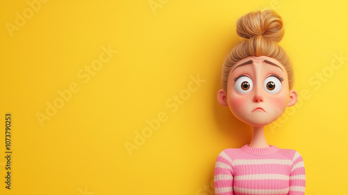 Sad stressed disappointed cartoon character young woman wearing ink sweater in 3d style design on light orange background. banner/web/flyer/character
