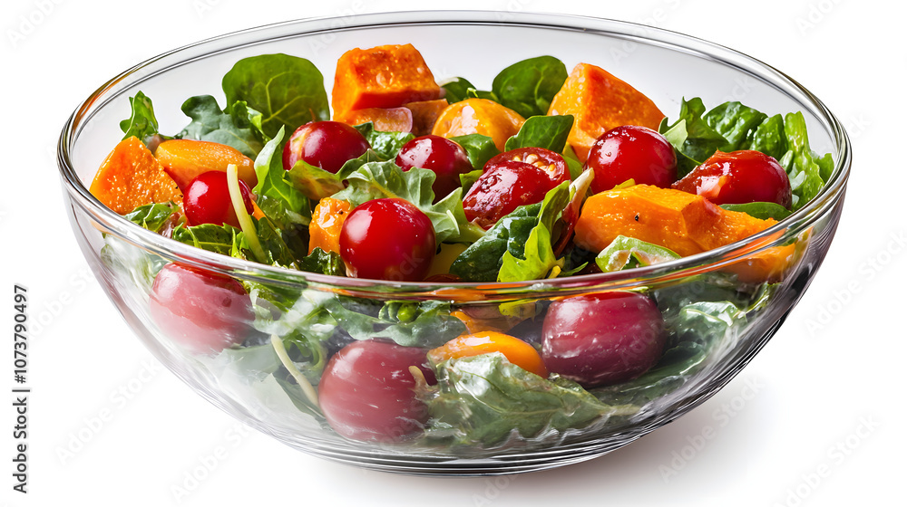 Fresh and Vibrant Salad with Fermented Sweet Potatoes and Cherry Tomatoes in a Glass Bowl Fresh and Vibrant Salad with Fermented Sweet Potatoes and Cherry Tomatoes in a Glass Bowl