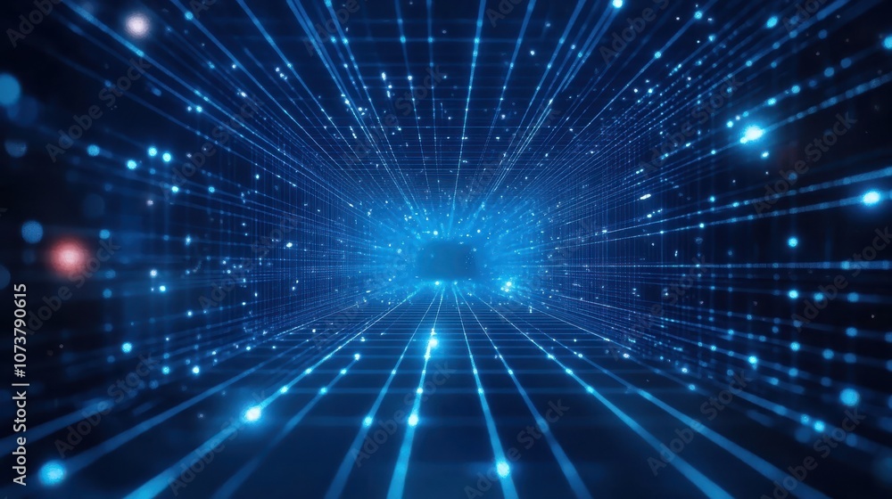 Naklejka premium Abstract digital grid with blue glowing lines and dots, creating a futuristic and technological atmosphere.
